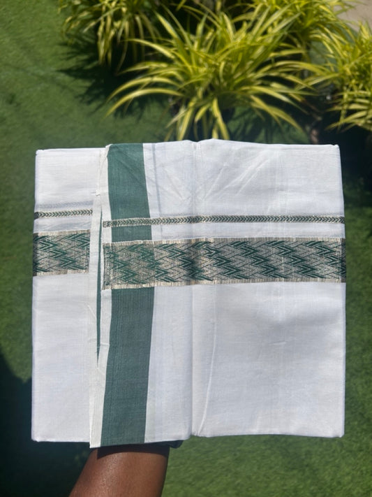 20% DISCOUNT! KaithariKada Balaramapuram 100% Cotton Double PURE white Mundu/Dhoti - 100x80 - 2 Inch Silver kasavu Dark Green pattern Kara - 29KK5112PMC