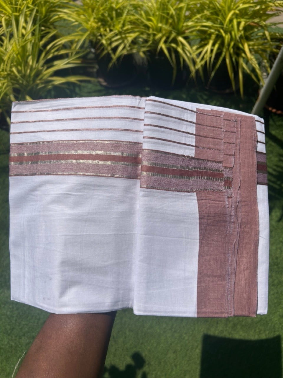 20% Discount !! KaithariKada Balaramapuram Double PURE WHITE Mundu/Dhoti- 100x80 - 7 inch Pale Brown & Silver Striped kara - 3.90 mtr - 2KK5112PMC