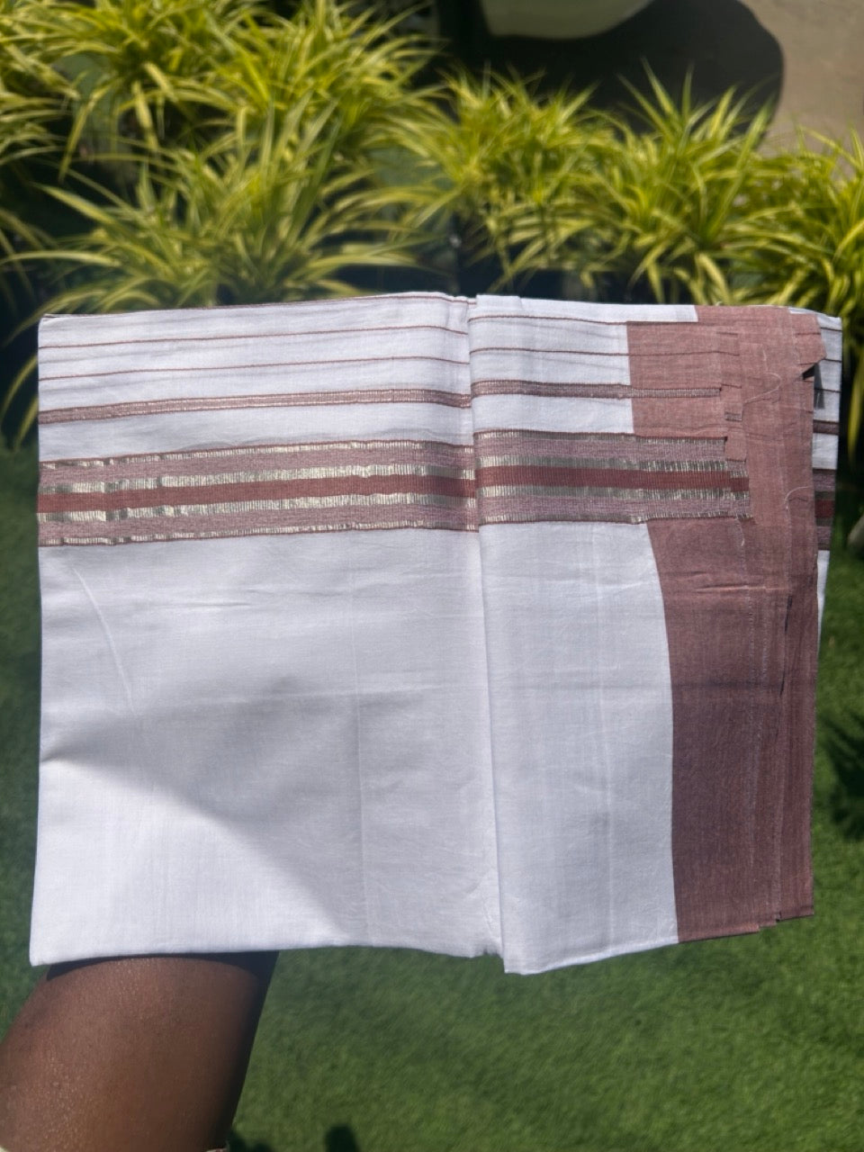 20% Discount !! KaithariKada Balaramapuram Double PURE WHITE Mundu/Dhoti- 100x80 - 6.25 inch Pale Brown & Silver Striped kara - 3.90 mtr - 4KK5112PMC