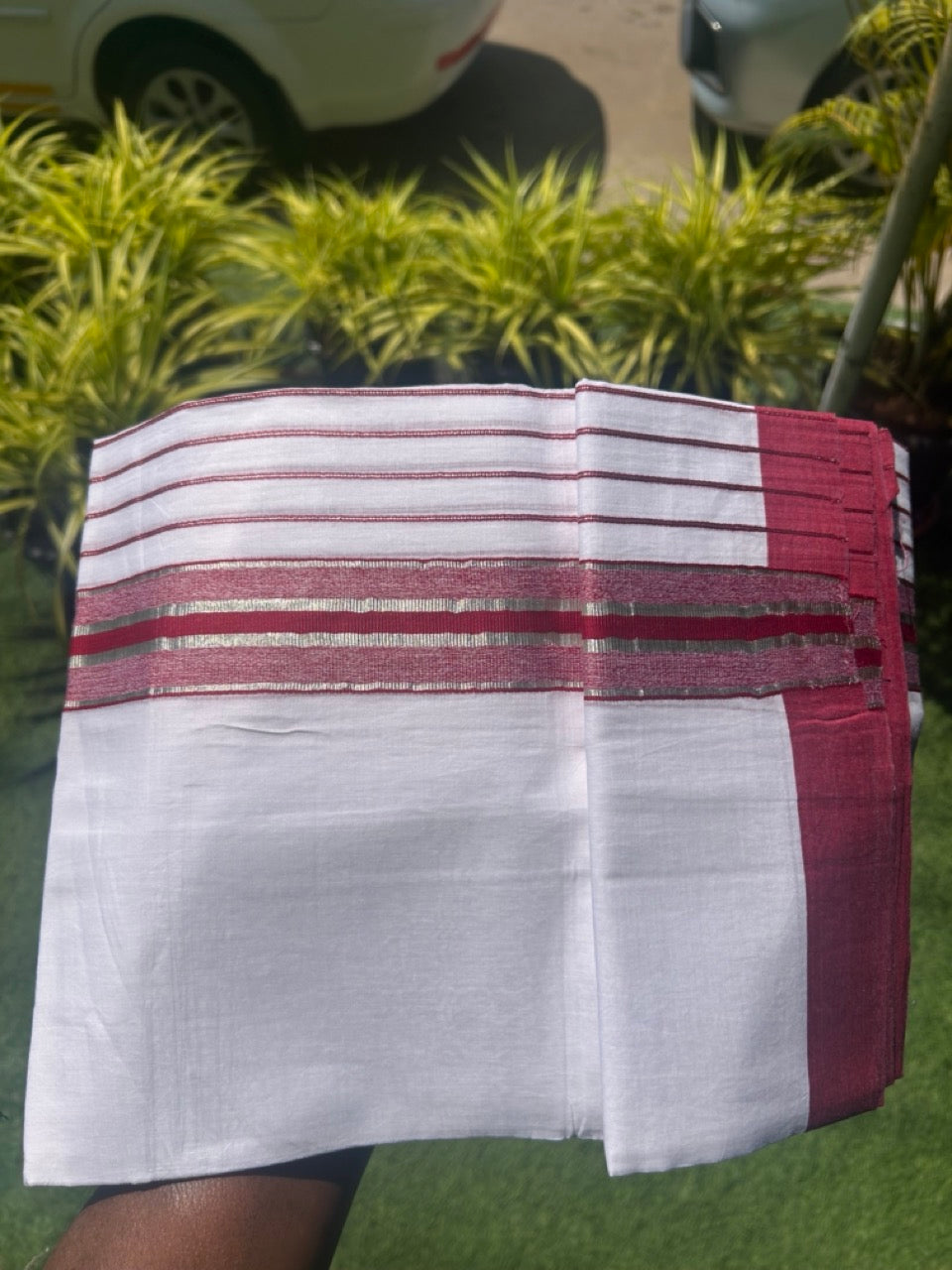 20% Discount !! KaithariKada Balaramapuram Double PURE WHITE Mundu/Dhoti- 100x80 - 7 inch Maroon & Silver Striped kara - 3.90 mtr - 6KK5112PMC