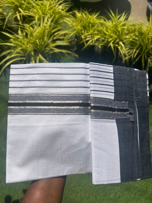 20% Discount !! KaithariKada Balaramapuram Double PURE WHITE Mundu/Dhoti- 100x80 - 7 inch Black & Silver Striped kara - 3.90 mtr - 5KK5112PMC