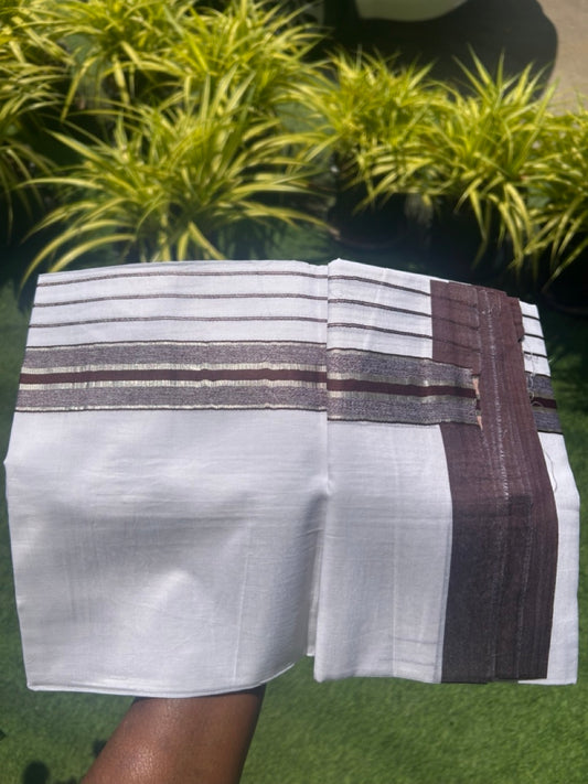 20% Discount !! KaithariKada Balaramapuram Double PURE WHITE Mundu/Dhoti- 100x80 - 7.25 inch Dark Brown & Silver Striped kara - 3.90 mtr - 3KK5112PMC