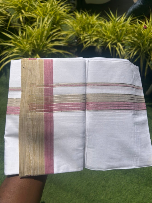 20% Discount !! KaithariKada Balaramapuram Double PURE WHITE Mundu/Dhoti- 100x80 - 2.25 inch Magenta & Olive Green Shaded with Silver Striped kara - 3.90 mtr - 23KK5112PMC