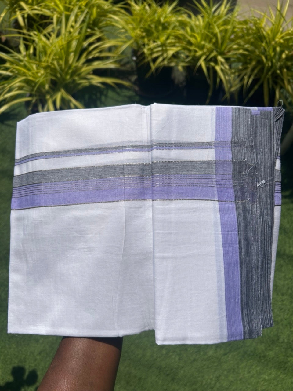 20% Discount !! KaithariKada Balaramapuram Double PURE WHITE Mundu/Dhoti- 100x80 - 2.25 inch Violet & Black Shaded with Silver Striped kara - 3.90 mtr - 10KK5112PMC