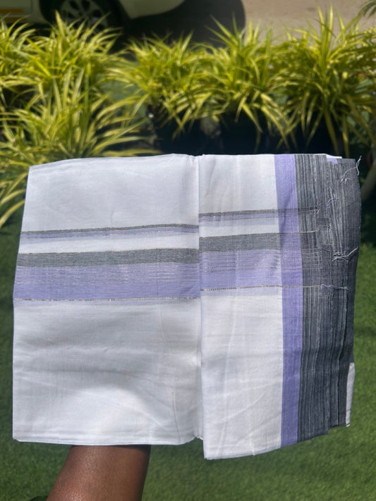 20% Discount !! KaithariKada Balaramapuram Double PURE WHITE Mundu/Dhoti- 100x80 - 2.5 inch Lavender & Black Shaded with Silver Striped kara - 3.90 mtr - 7KK5112PMC