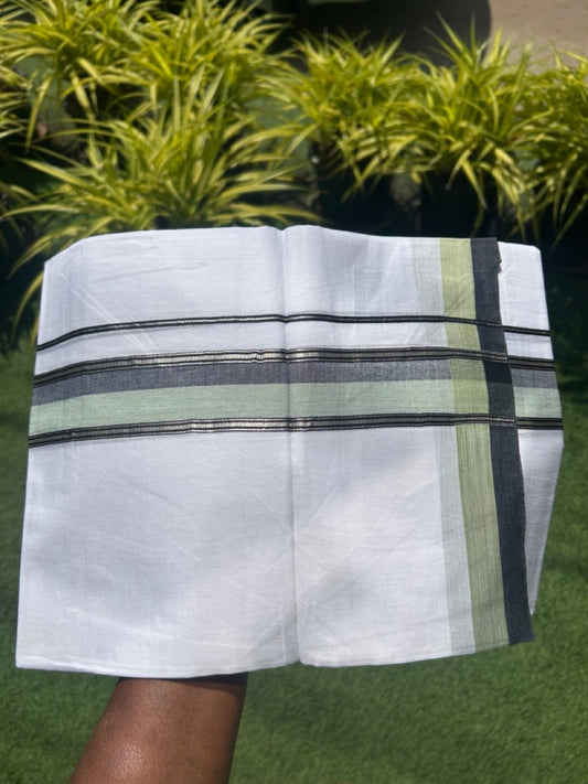 20% DISCOUNT! KaithariKada Balaramapuram 100% Cotton Double PURE white Mundu/Dhoti - 100x80 - 2.5 Inch Silver kasavu Light Green & Black Shaded Kara - 25KK5112PMC