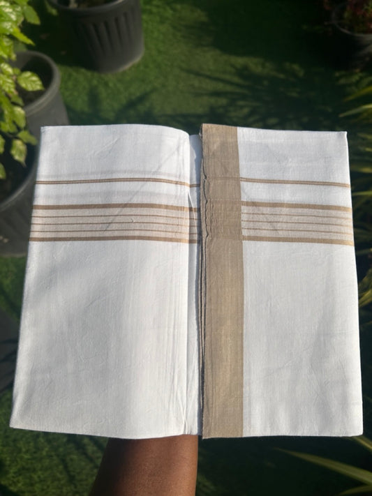 8% DISCOUNT ! KaithariKada Balaramapuram 100% Cotton Pure white Single Mundu/Dhoti - (40S) - 1.75  inch Sand Brown Striped  Kara (2 meter / 4 muzham) - 7KK5115THI.