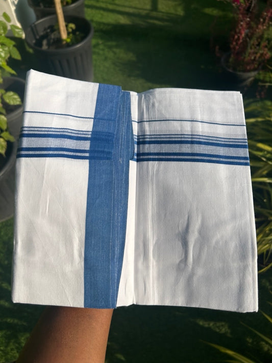 8% DISCOUNT ! KaithariKada Balaramapuram 100% Cotton Pure white Single Mundu/Dhoti - (40S) - 1.75 inch Blue Striped  Kara (2 meter / 4 muzham) - 16KK5115THI.