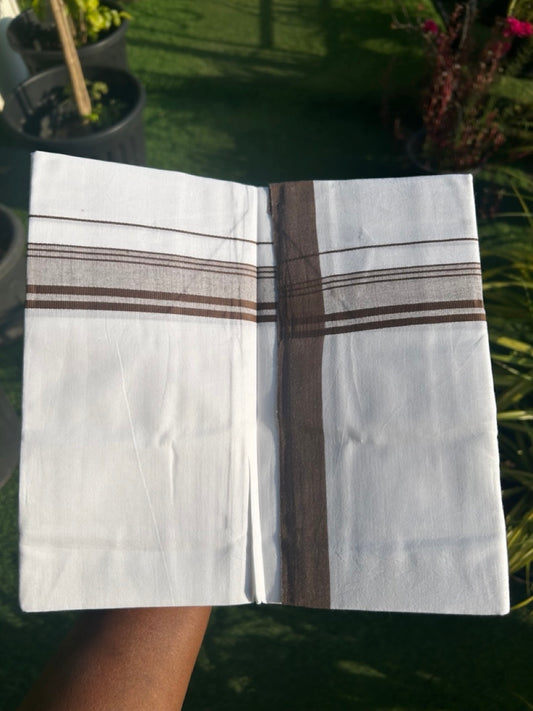 8% DISCOUNT ! KaithariKada Balaramapuram 100% Cotton Pure white Single Mundu/Dhoti - (40S) - 1.75  inch Brown Striped  Kara (2 meter / 4 muzham) - 14KK5115THI.