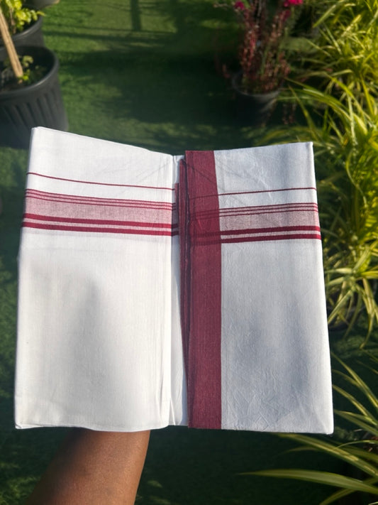 8% DISCOUNT ! KaithariKada Balaramapuram 100% Cotton Pure white Single Mundu/Dhoti - (40S) - 1.75  inch Light Maroon Striped  Kara (2 meter / 4 muzham) - 15KK5115THI.