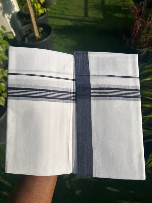 8% DISCOUNT ! KaithariKada Balaramapuram 100% Cotton Pure white Single Mundu/Dhoti - (40S) - 1.75  inch Navy Blue Striped  Kara (2 meter / 4 muzham) - 11KK5115THI.