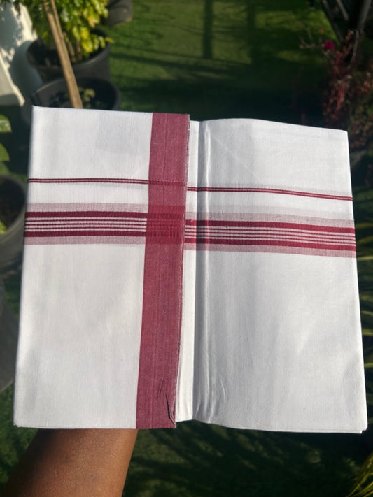 8% DISCOUNT ! KaithariKada Balaramapuram 100% Cotton Pure white Single Mundu/Dhoti - (40S) - 1.75  inch Light Maroon Striped  Kara (2 meter / 4 muzham) - 13KK5115THI.