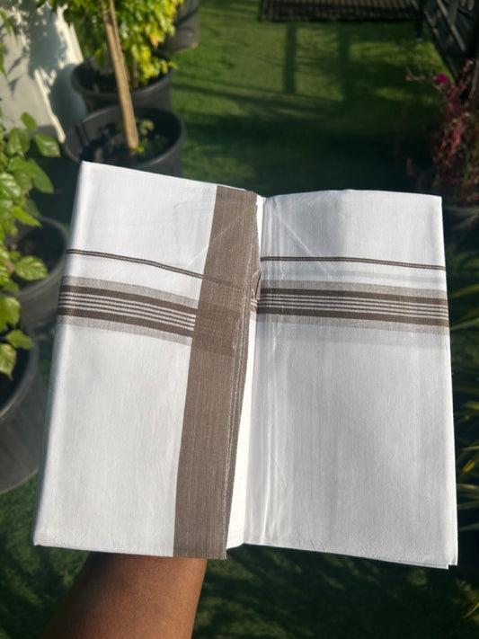 8% DISCOUNT ! KaithariKada Balaramapuram 100% Cotton Pure white Single Mundu/Dhoti - (40S) - 1.75  inch Brown Striped  Kara (2 meter / 4 muzham) - 10KK5115THI.