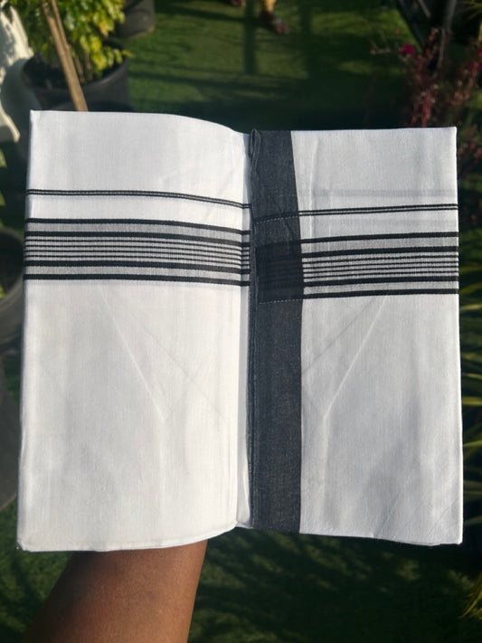 8% DISCOUNT ! KaithariKada Balaramapuram 100% Cotton Pure white Single Mundu/Dhoti - (40S) - 2 inch Black Striped  Kara (2 meter / 4 muzham) - 1KK5115THI.