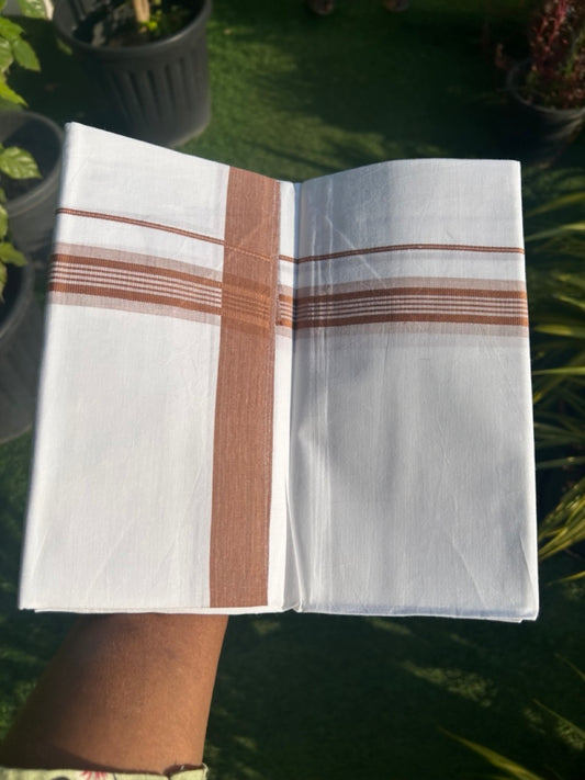 8% DISCOUNT ! KaithariKada Balaramapuram 100% Cotton Pure white Single Mundu/Dhoti - (40S) - 1.75  inch Light Brown Striped  Kara (2 meter / 4 muzham) - 12KK5115THI.