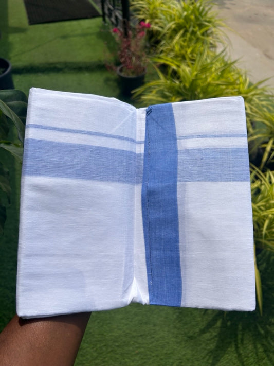 Linen Dhoti NEW! 20% Discount from Kaitharikada.com - Double Mundu/Dhoti 80x90 Thread PURE WHITE - Pure Cotton + Linen -2.25 Inch Sky Blue Shaded Kara- 25KK5115THI