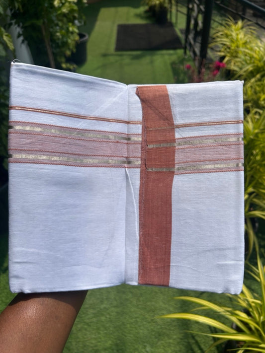 Linen Dhoti NEW! 20% Discount from Kaitharikada.com - Double Mundu/Dhoti 80x90 Thread PURE WHITE - Pure Cotton + Linen -2.25 Inch Brick Orange & Silver Striped Kara - 35KK5115THI