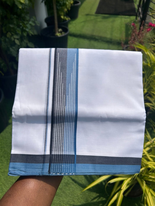 20% DISCOUNT! KaithariKada Balaramapuram 100% Cotton PURE WHITE Double Mundu/Dhoti-100x80 2 inch BLUE & BLACK shaded white striped chutty designer kara - 6KK5116MR