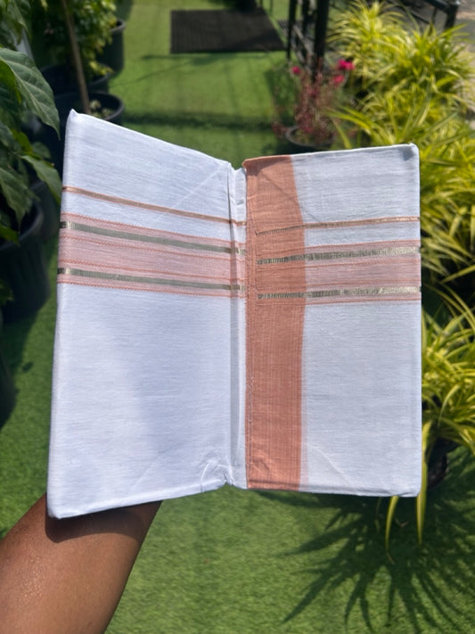 Linen Dhoti NEW! 20% Discount from Kaitharikada.com - Double Mundu/Dhoti 80x90 Thread PURE WHITE - Pure Cotton + Linen -2.25 Inch Peach & Silver Striped Kara - 34KK5115THI