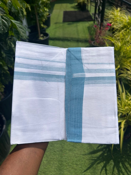 Linen Dhoti NEW! 20% Discount from Kaitharikada.com - Double Mundu/Dhoti 80x90 Thread PURE WHITE - Pure Cotton + Linen -2.25 Inch Blue & White Striped Kara - 32KK5115THI