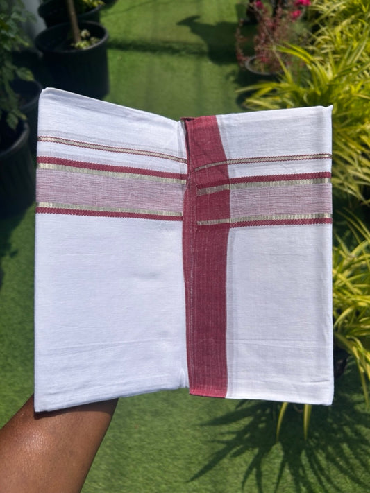 Linen Dhoti NEW! 20% Discount from Kaitharikada.com - Double Mundu/Dhoti 80x90 Thread PURE WHITE - Pure Cotton + Linen - 2.25 Inch Silver Kasavu Maroon Shaded design Kara - 41KK5115THI