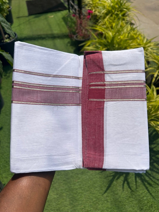 Linen Dhoti NEW! 20% Discount from Kaitharikada.com - Double Mundu/Dhoti 80x90 Thread PURE WHITE - Pure Cotton + Linen - 2.25 Inch Silver Kasavu Maroon Shaded design Kara - 42KK5115THI