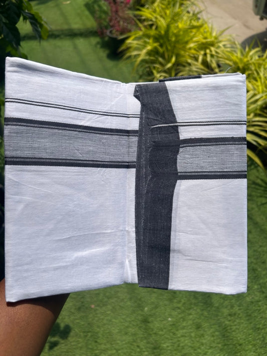 Linen Dhoti NEW! 20% Discount from Kaitharikada.com - Double Mundu/Dhoti 80x90 Thread PURE WHITE - Pure Cotton + Linen -2.5 Inch Navy Blue Striped Kara - 30KK5115THI