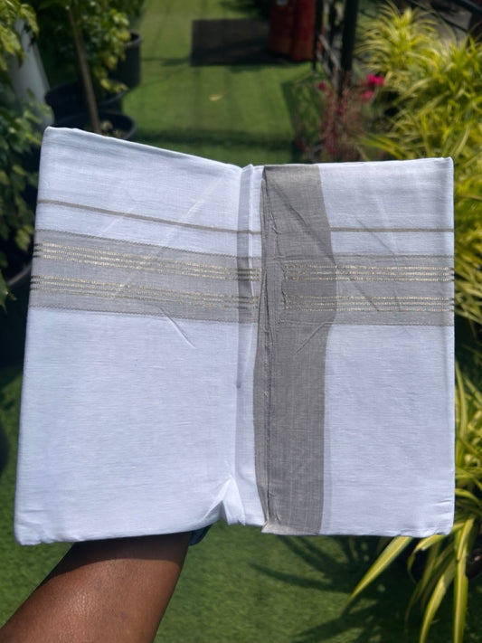 Linen Dhoti NEW! 20% Discount from Kaitharikada.com - Double Mundu/Dhoti 80x90 Thread PURE WHITE - Pure Cotton + Linen - 2.25 Inch Silver Kasavu Sage Grey Shaded design Kara - 45KK5115THI