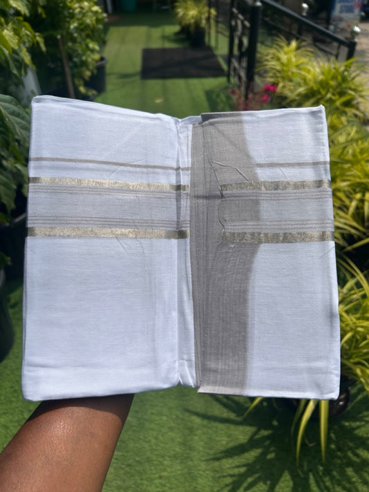 Linen Dhoti NEW! 20% Discount from Kaitharikada.com - Double Mundu/Dhoti 80x90 Thread PURE WHITE - Pure Cotton + Linen - 2.25 Inch Silver Kasavu Sage grey design Kara - 39KK5115THI