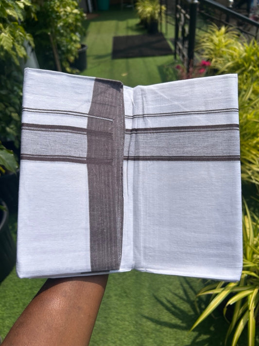 Linen Dhoti NEW! 20% Discount from Kaitharikada.com - Double Mundu/Dhoti 80x90 Thread PURE WHITE - Pure Cotton + Linen -2.25 Inch Brown Striped Kara - 29KK5115THI