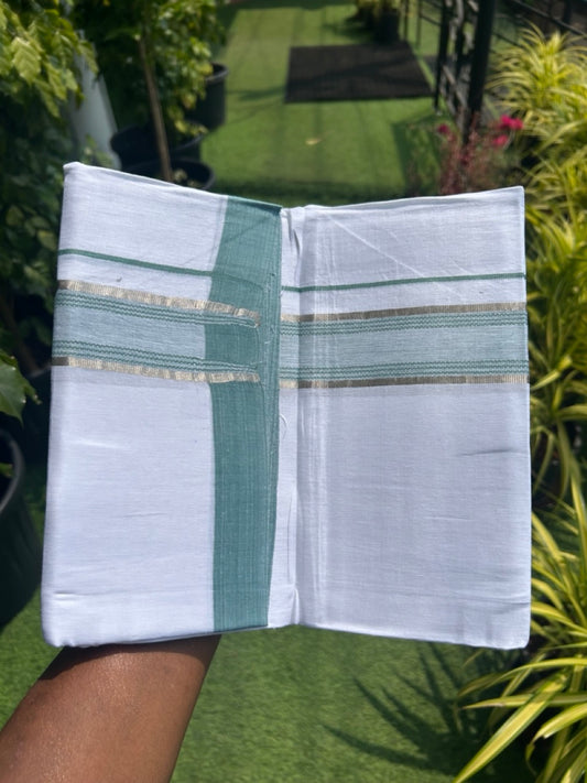 Linen Dhoti NEW! 20% Discount from Kaitharikada.com - Double Mundu/Dhoti 80x90 Thread PURE WHITE - Pure Cotton + Linen - 2.25 Inch Silver Kasavu Jungle Green design Kara - 40KK5115THI