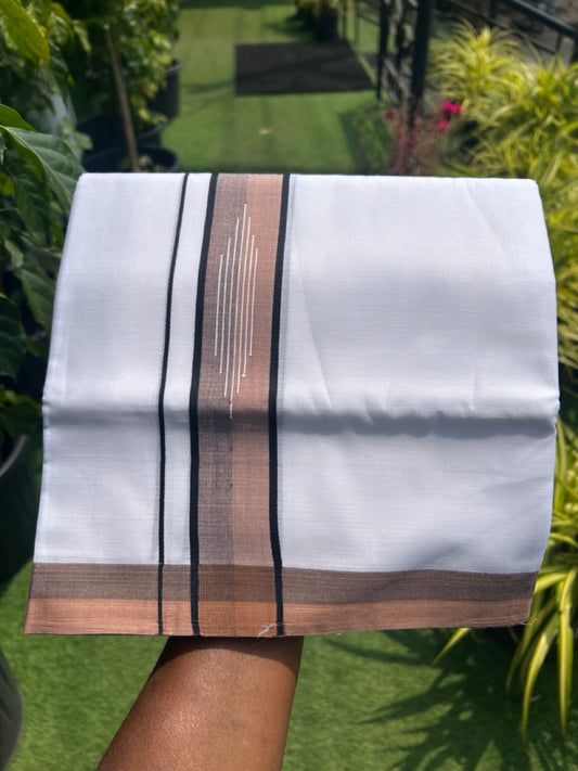 20% DISCOUNT! KaithariKada Balaramapuram 100% Cotton PURE WHITE Double Mundu/Dhoti-100x80 2.25 inch BROWN & BLACK shaded designer kara - 3KK5116MR