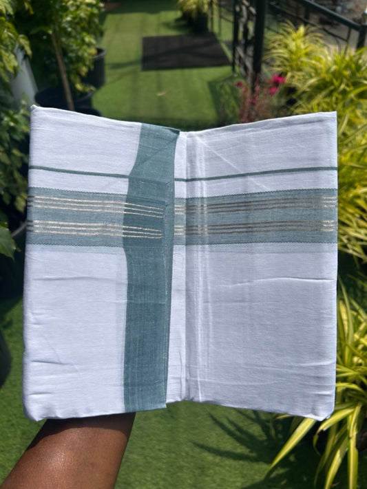 Linen Dhoti NEW! 20% Discount from Kaitharikada.com - Double Mundu/Dhoti 80x90 Thread PURE WHITE - Pure Cotton + Linen - 2.75 Inch Silver Kasavu pastel Ash blue Shaded design Kara - 44KK5115THI