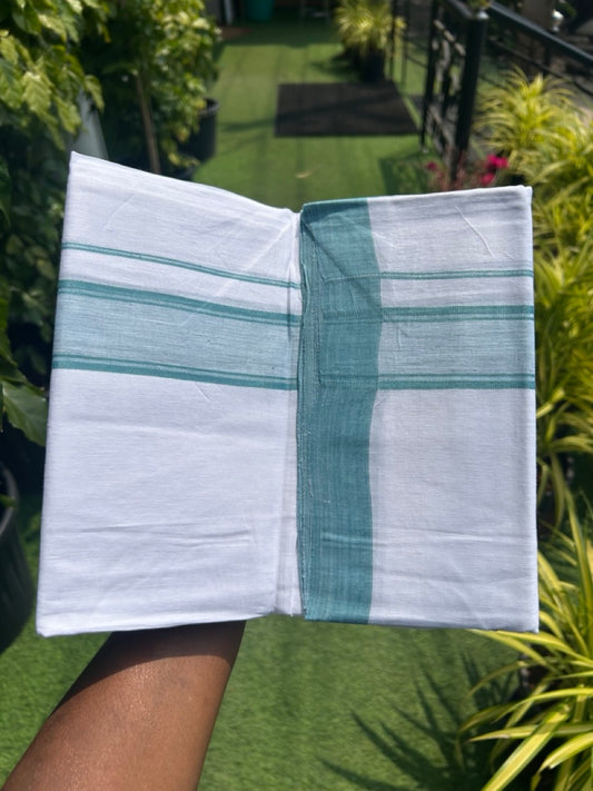 Linen Dhoti NEW! 20% Discount from Kaitharikada.com - Double Mundu/Dhoti 80x90 Thread PURE WHITE - Pure Cotton + Linen - 2.5 Inch Turquoise Blue Striped Kara - 31KK5115THI