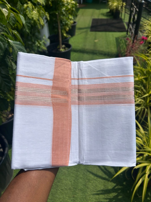 Linen Dhoti NEW! 20% Discount from Kaitharikada.com - Double Mundu/Dhoti 80x90 Thread PURE WHITE - Pure Cotton + Linen - 2.75 Inch Silver Kasavu Peach Orange Shaded design Kara - 43KK5115THI