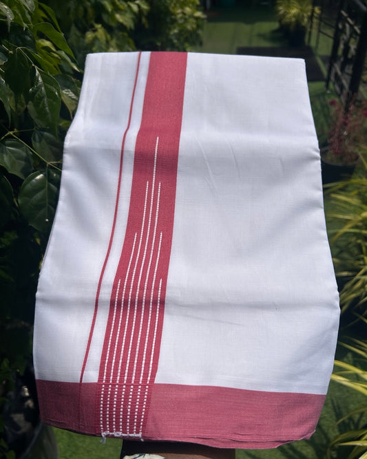 20% DISCOUNT! KaithariKada Balaramapuram 100% Cotton PURE WHITE Double Mundu/Dhoti-100x80 1.5 inch Reddish Maroon white striped chutty designer kara - 4KK5116MR