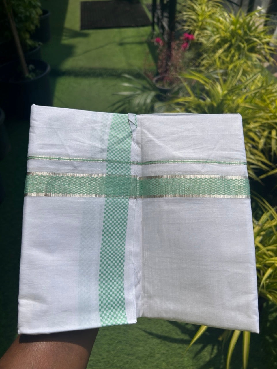 20% DISCOUNT! KaithariKada Balaramapuram 100% Cotton Double PURE white Mundu/Dhoti - 100x80 - 1.75 Inch Silver kasavu & Mint Green Check jacquard pattern Kara - 6KK5118PMC