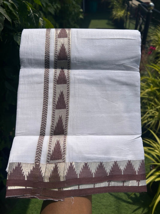 20% DISCOUNT! KaithariKada Balaramapuram 100% Cotton Double PURE white Mundu/Dhoti - 100x80 - 2 Inch Silver kasavu & Brown Temple Design Kara - 8KK5118PMC