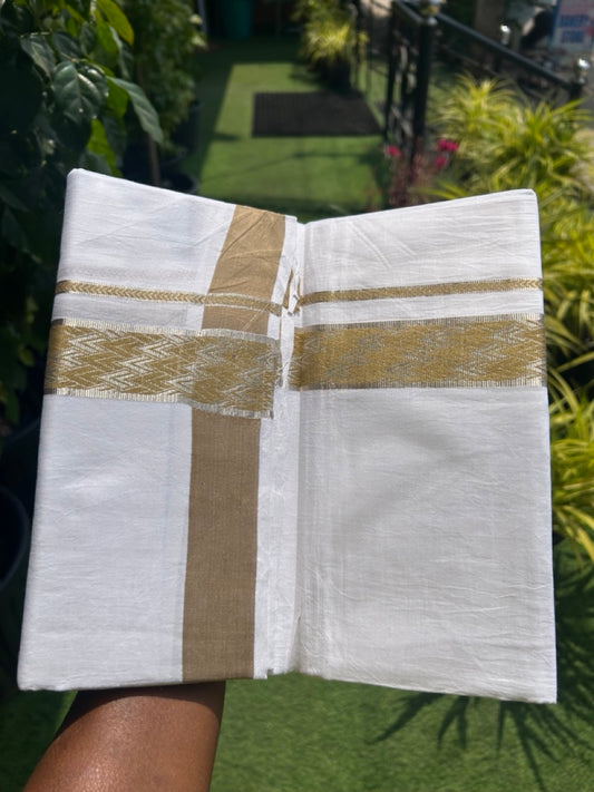 20% DISCOUNT! KaithariKada Balaramapuram 100% Cotton Double PURE white Mundu/Dhoti - 100x80 - 2 Inch Silver kasavu Sand Brown jacquard pattern Kara - 1KK5118PMC