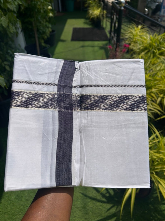 20% DISCOUNT! KaithariKada Balaramapuram 100% Cotton Double PURE white Mundu/Dhoti - 100x80 - 2 Inch Silver kasavu & Navy Blue jacquard pattern Kara - 4KK5118PMC