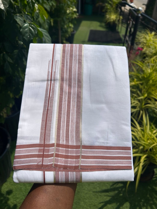 20% DISCOUNT!! Kaitharikada Balaramapuram 100% Cotton PURE WHITE Double Mundu/Dothi - 80X90 - 1.75 Inch Silver Kasav Walnut Brown Stripes Chuty Kara 3.70 m (8 Muzham) - 59KK5115THI