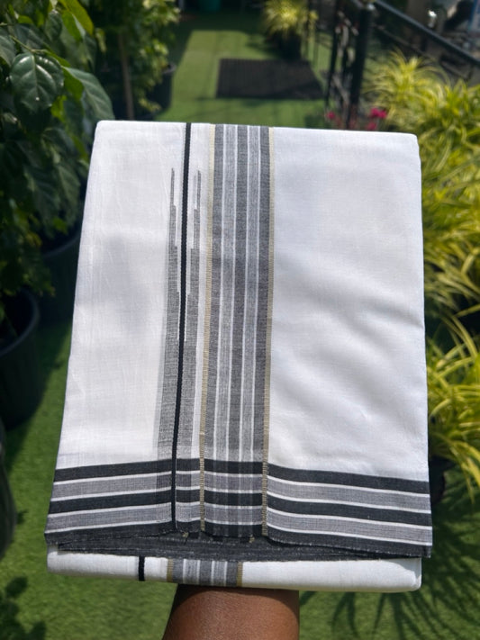 20% DISCOUNT!! Kaitharikada Balaramapuram 100% Cotton PURE WHITE Double Mundu/Dothi - 80X90 - 1.75 Inch Silver Kasav Black Stripes Chutty Kara 3.70 m (8 Muzham) - 61KK5115THI