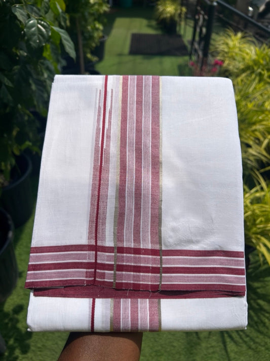 20% DISCOUNT!! Kaitharikada Balaramapuram 100% Cotton PURE WHITE Double Mundu/Dothi - 80X90 - 1.75 Inch Silver Kasav Maroon Stripes Chutty Kara 3.70 m (8 Muzham) - 62KK5115THI