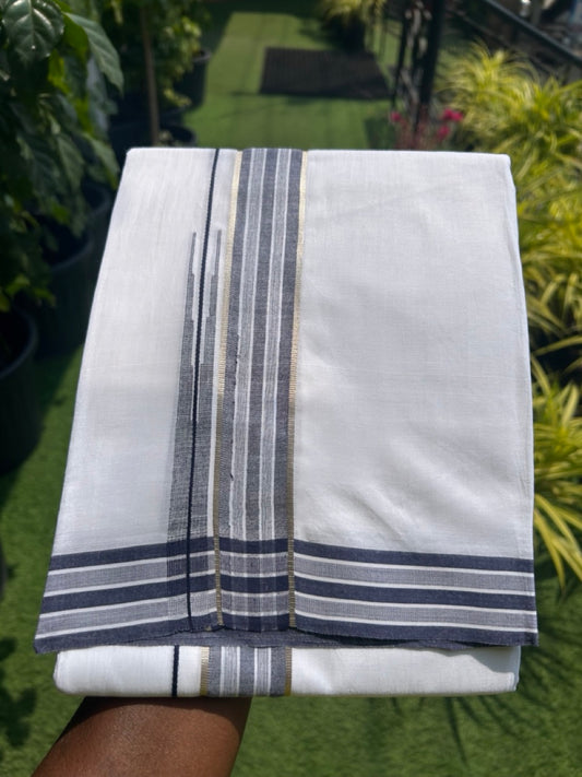 20% DISCOUNT!! Kaitharikada Balaramapuram 100% Cotton PURE WHITE Double Mundu/Dothi - 80X90 - 1.75 Inch Silver Kasav Navy Blue Stripes Chutty Kara 3.70 m (8 Muzham) - 63KK5115THI