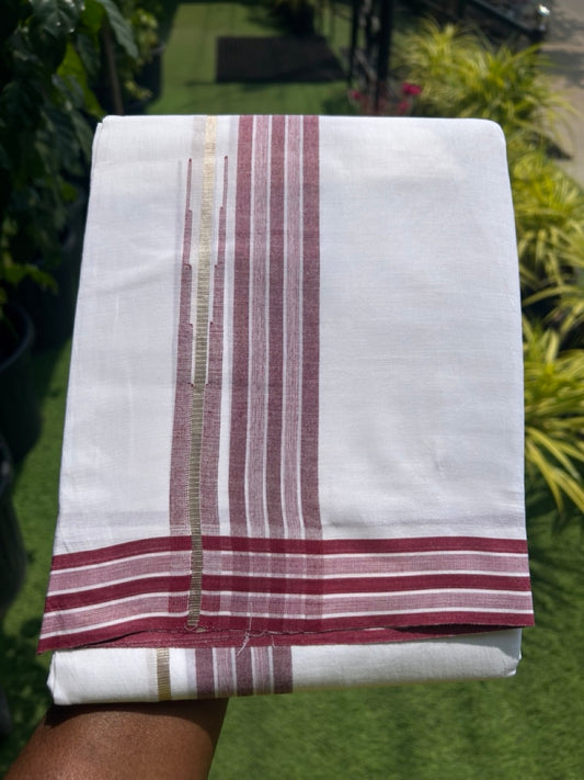 20% DISCOUNT!! Kaitharikada Balaramapuram 100% Cotton PURE WHITE Double Mundu/Dothi - 80X90 - 1.5 Inch Silver Kasav Maroon Stripes Chutty Kara 3.70 m (8 Muzham) - 64KK5115THI