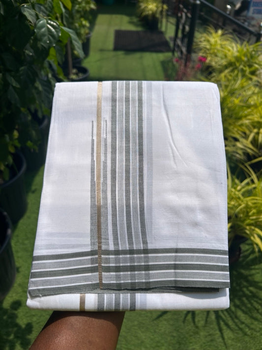 20% DISCOUNT!! Kaitharikada Balaramapuram 100% Cotton PURE WHITE Double Mundu/Dothi - 80X90 - 1.5 Inch Silver Kasav Dark Sage Green Stripes Chutty Kara 3.70 m (8 Muzham) - 65KK5115THI