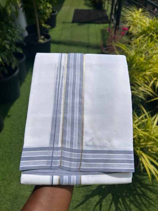 20% DISCOUNT!! Kaitharikada Balaramapuram 100% Cotton PURE WHITE Double Mundu/Dothi - 80X90 - 1.75 Inch Silver Kasav Ash Blue Stripes Chutty Kara 3.70 m (8 Muzham) - 60KK5115THI