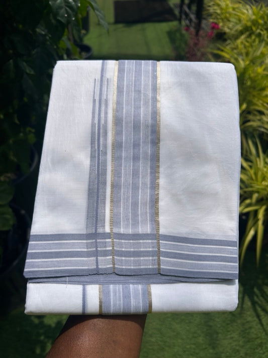 20% DISCOUNT!! Kaitharikada Balaramapuram 100% Cotton PURE WHITE Double Mundu/Dothi - 80X90 - 2 Inch Silver Kasav Ash Blue Stripes Chuty Kara 3.70 m (8 Muzham) - 58KK5115THI