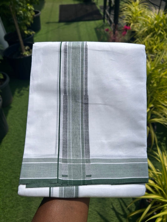 20% DISCOUNT!! Kaitharikada Balaramapuram 100% Cotton PURE WHITE Double Mundu/Dothi-80X90 - 1.75 Inch Green & Black Striped Chutty Kara 3.70m (8 Muzham) - 48KK5115THI