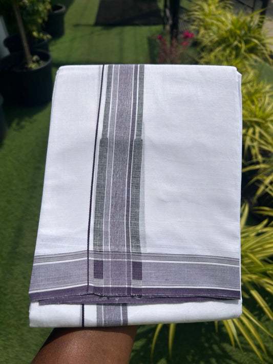 20% DISCOUNT!! Kaitharikada Balaramapuram 100% Cotton PURE WHITE Double Mundu/Dothi-80X90 - 1.75 Inch Wine Purple & Black Striped Chutty Kara 3.70m (8 Muzham) - 49KK5115THI